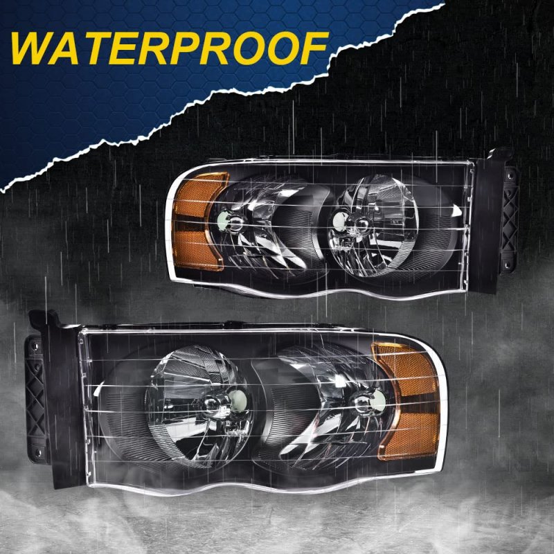 Headlights Assembly For 2002 2003 2004 2005 Dodge Ram 1500 2500 3500 Clear Lens Black Housing Amber Reflector Headlamp Pair