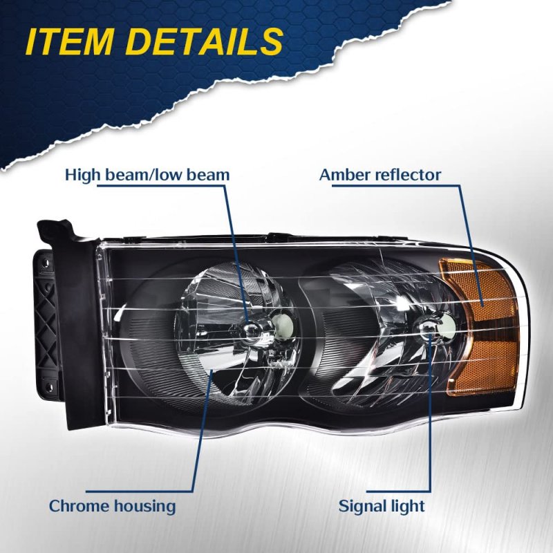 Headlights Assembly For 2002 2003 2004 2005 Dodge Ram 1500 2500 3500 Clear Lens Black Housing Amber Reflector Headlamp Pair