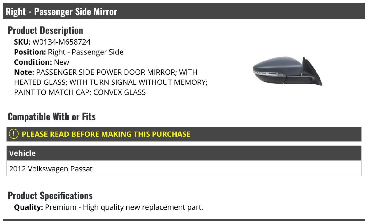 Right Passenger Side Power Mirror Convex Glass Paint To Match With Heated And Turn Signal Without Memory For 2012 Volkswagen