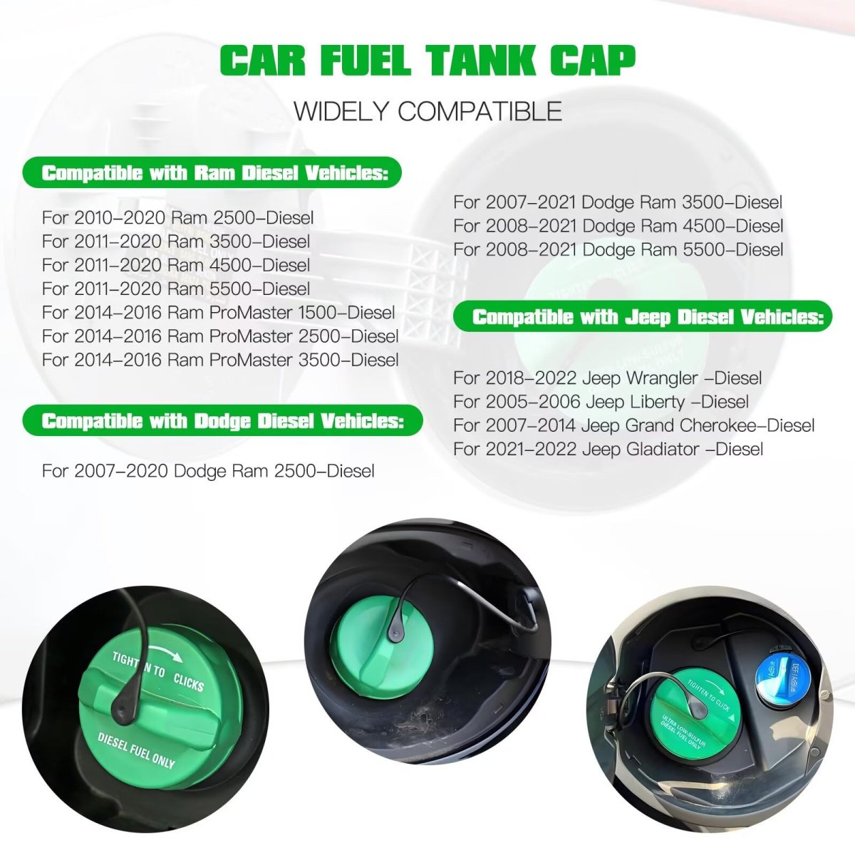 Gas Fuel Cap 52013994ab For 2018 2022 Jeep Wrangler 68109840aa Tank Filler Green Diesel