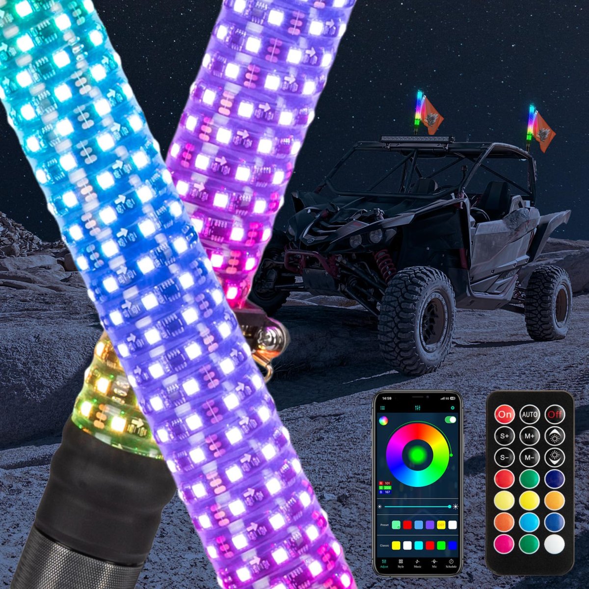 2pc 1ft Fat Whip Lights For Side By Turning Signal Function Polaris Rzr Can-am Maverick X3 Led Utv Atv Buggy Boat Offroad