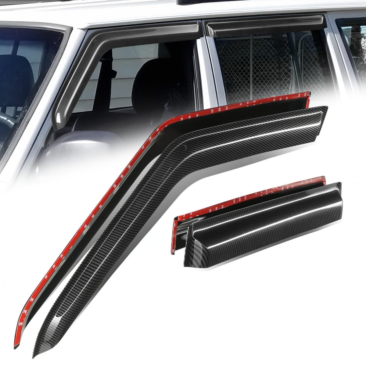 Window Rain Guards For 1984-2001 Jeep Cherokee Carbon Fiber Pattern Vent Visors And Shades Glossy Black Set Of 4