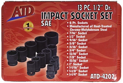 Model Atd-4202 13 Piece 6 Point Standard Sae Impact Socket Set 1 2 In Drive Heat Treated Chrome Moly Alloy Steel Black Finish