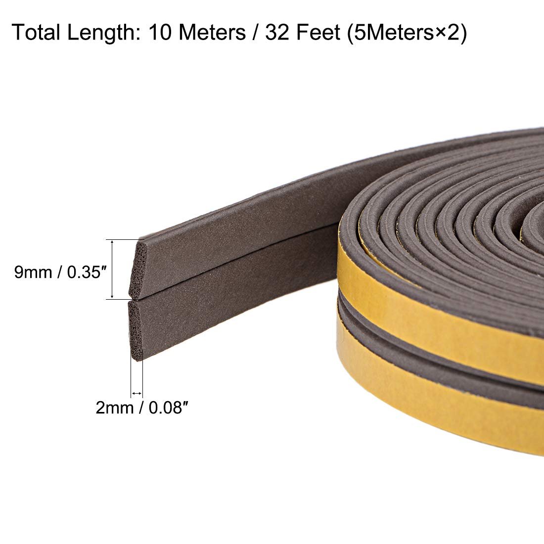 Foam Tape Adhesive Weather Stripping 9mm Wide 2mm Thick 5 Meters Long Brown Pcs