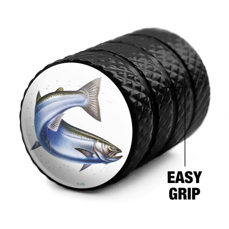 Salmon Fishing Valve Stem Caps For Tire Rim Wheel Black Aluminum Air Covers Schrader Type Valves 4 Piece Set