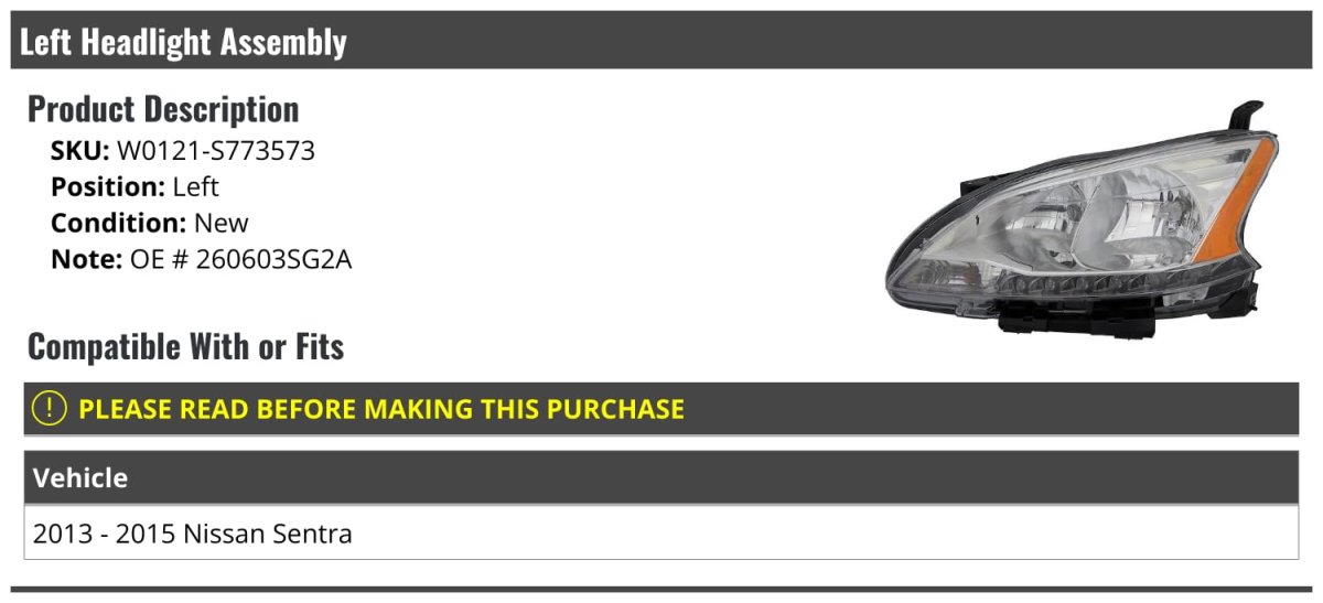 Left Driver Side Headlight Assembly For 2013-2015 Nissan Sentra