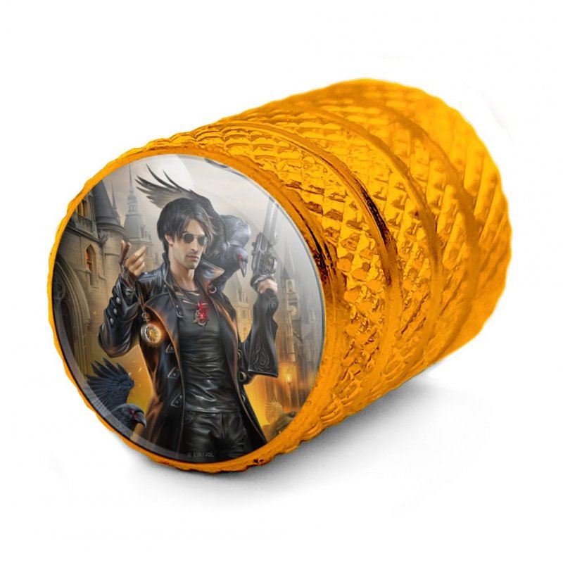 Night Hunter And Ravens Valve Stem Caps For Tire Rim Wheel Yellow Aluminum 4 Piece Set Schrader Valves 0 55 In Height