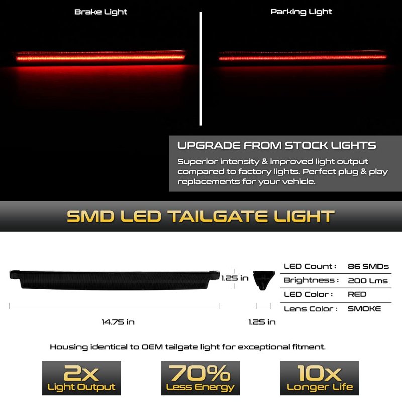 2006-2018 For Dodge Ram 3500 Dually Red Led Strip Tail Gate Parking Brake Light Drl Replacement Dark Smoke Lens 1-piece Lower