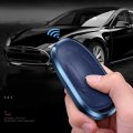 Blue Leather Aluminum Alloy Car Key Fob Cover Case Holder Shell For Tesla Model S 3 Y
