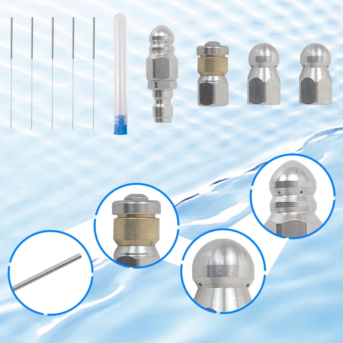 6 Piece Stainless Steel Sewer Jetter Nozzle Kit Rotating Button Nose Jet 1 4 In Quick Connect Drain Cleaning Accessories For