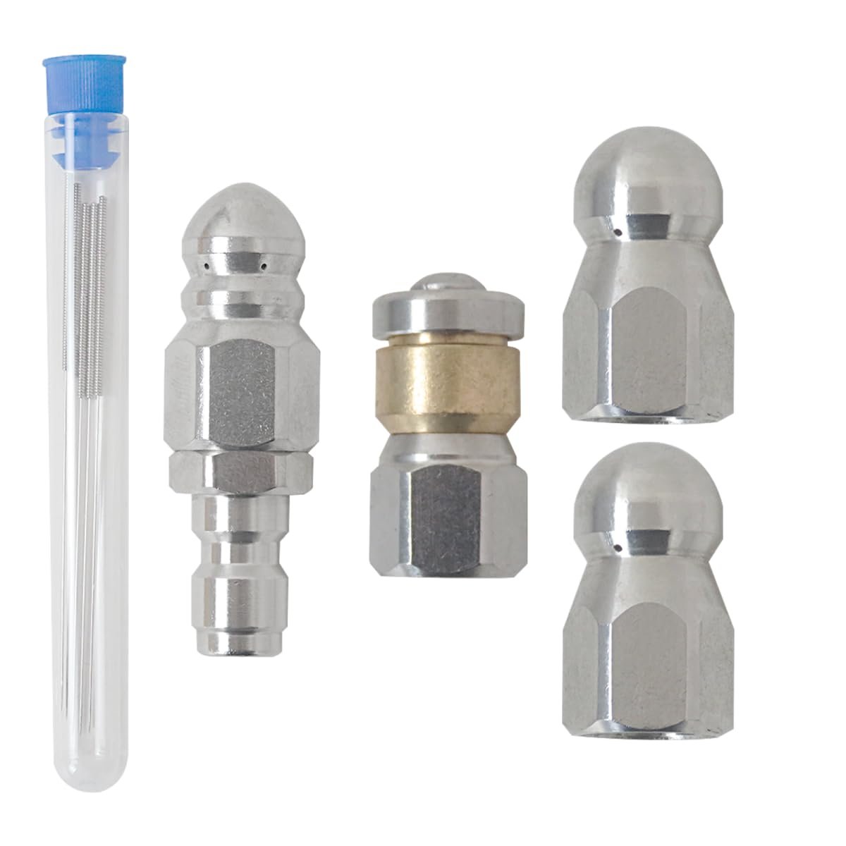6 Piece Stainless Steel Sewer Jetter Nozzle Kit Rotating Button Nose Jet 1 4 In Quick Connect Drain Cleaning Accessories For