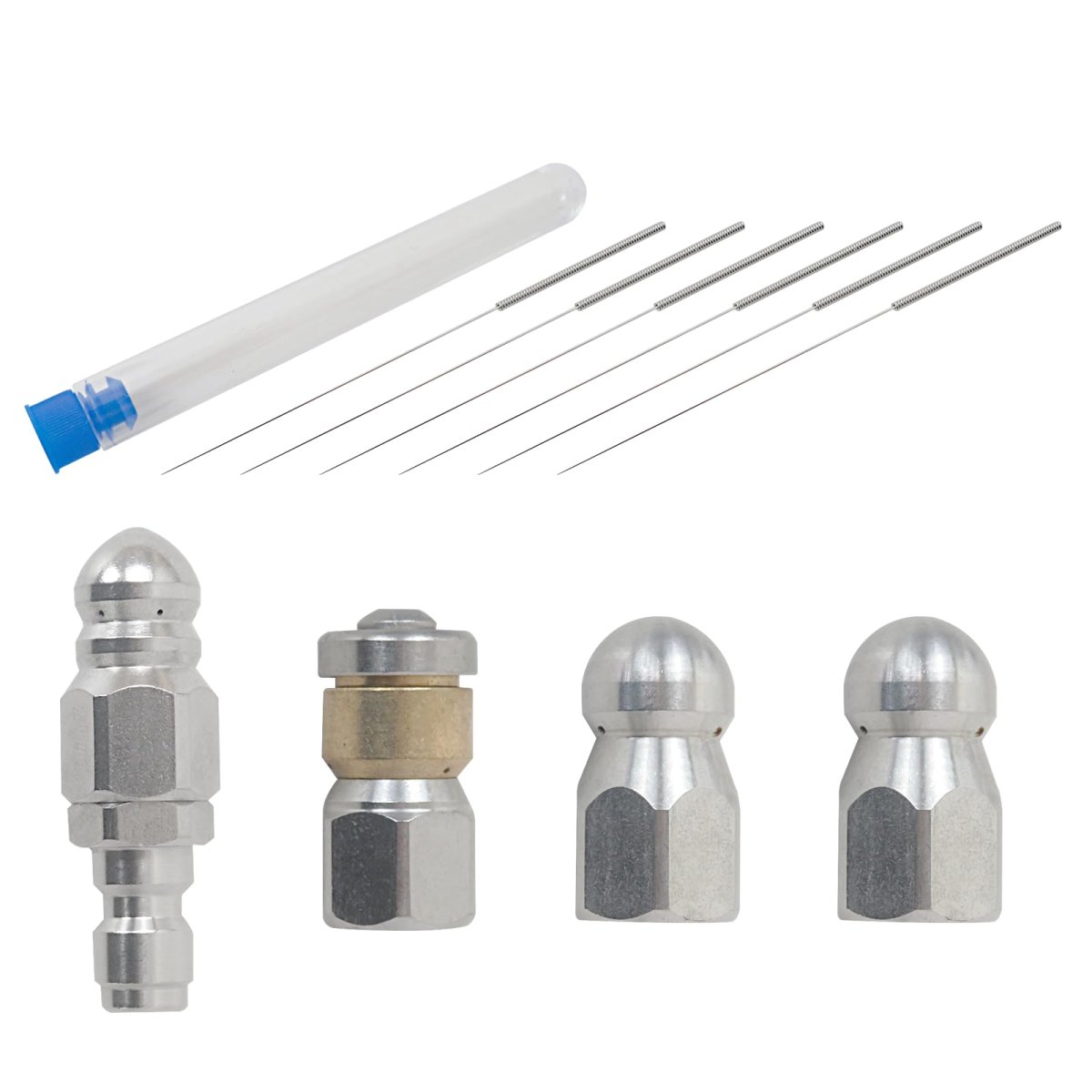 6 Piece Stainless Steel Sewer Jetter Nozzle Kit Rotating Button Nose Jet 1 4 In Quick Connect Drain Cleaning Accessories For