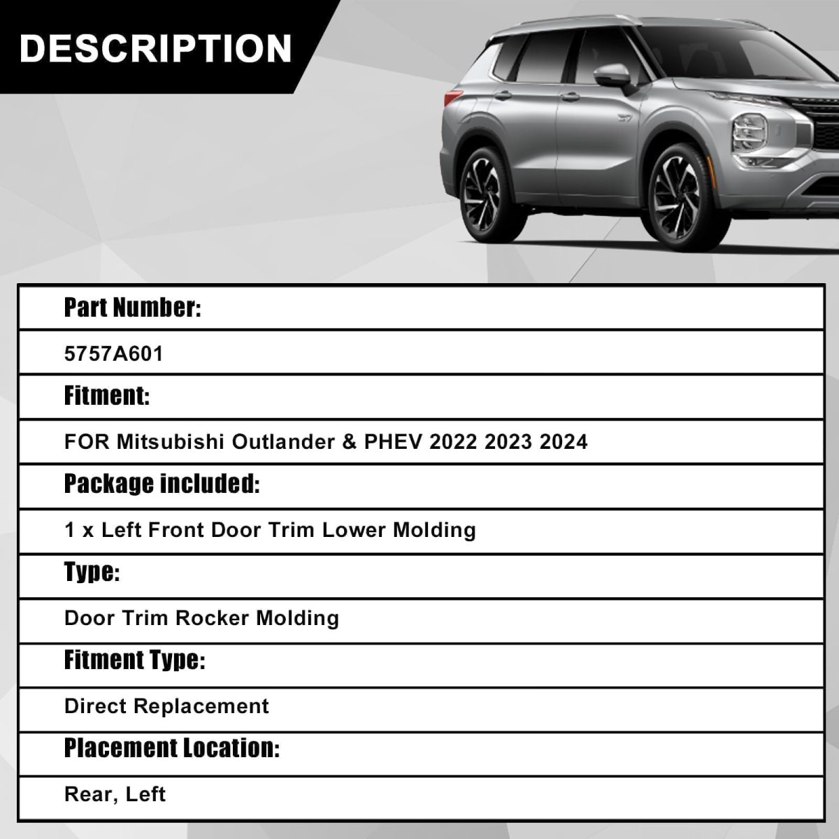 Door Trim Molding Lower Left Rear For Mitsubishi Outlander Phev 2022 2023 2024 Replace 5757a601 Front Driver Side