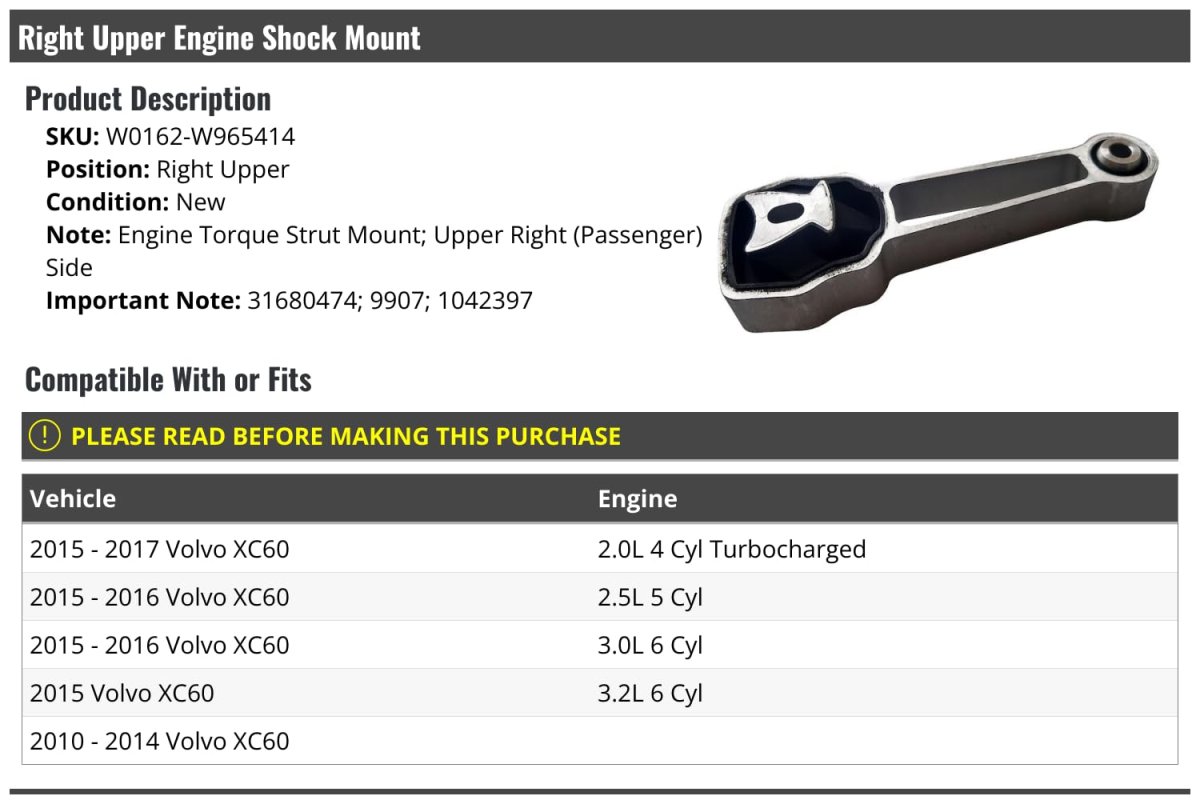 Right Passenger Side Upper Engine Shock Mount For 2010 To 2017 Volvo Xc60 Torque Strut W0162-w965414