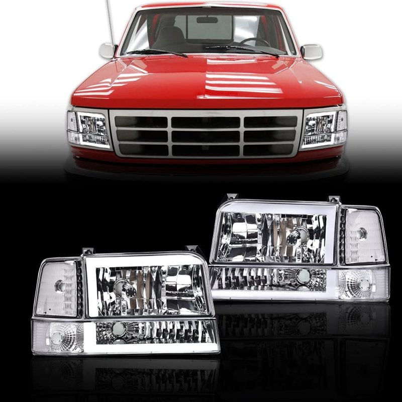 Led Drl Headlights For Ford Bronco F150 F250 F350 1992-1996 Bumper Headlamp Cleara Lensa Chrome Housinga Cleara Reflector