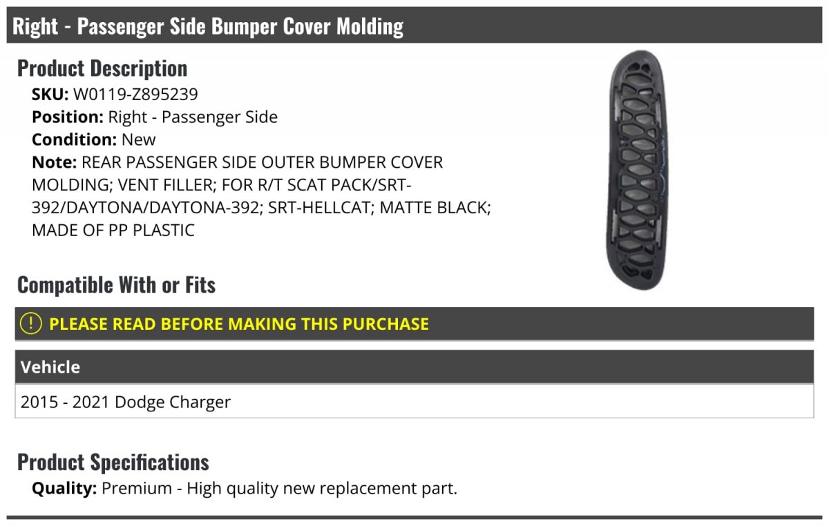 Right Passenger Side Outer Bumper Cover Molding For 2015 2021 Dodge Charger Matte Black Pp Plastic R T Scat Pack Srt Hellcat
