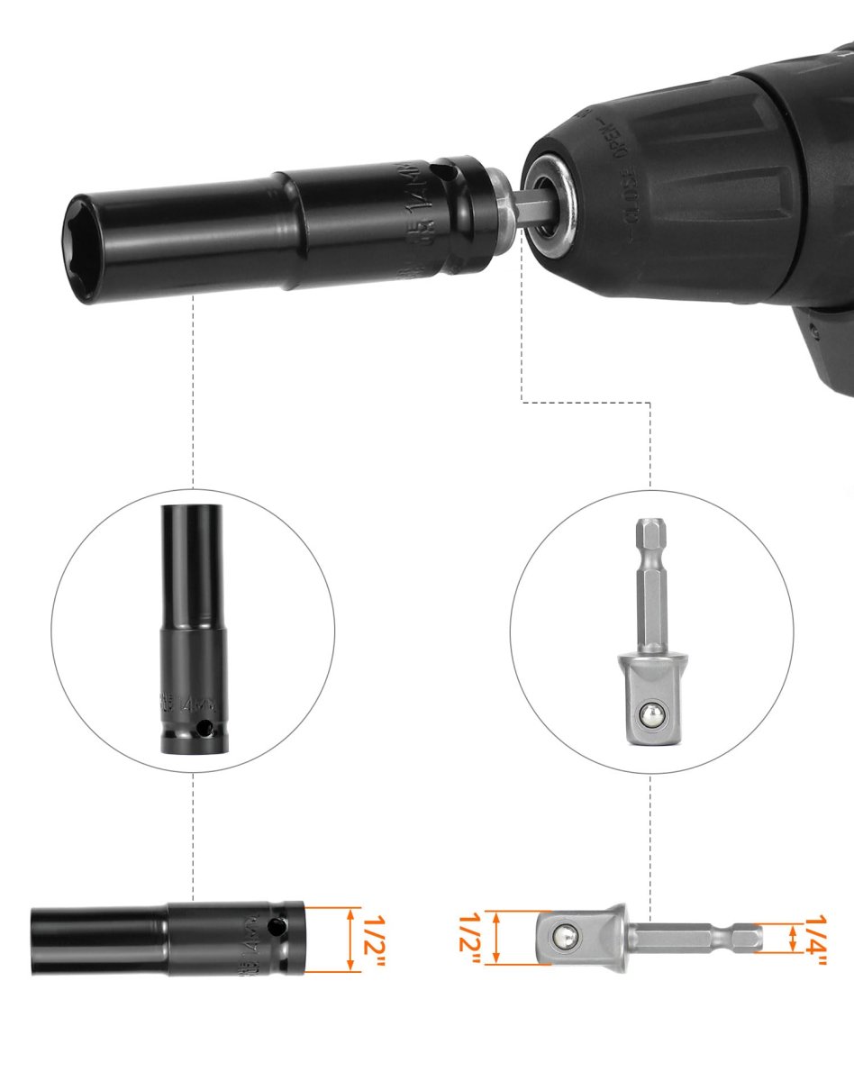 11 Piece 1 2 In Deep Impact Socket Set With Adapter Long Sockets 10 To 24mm Cr-v Steel Wd40565