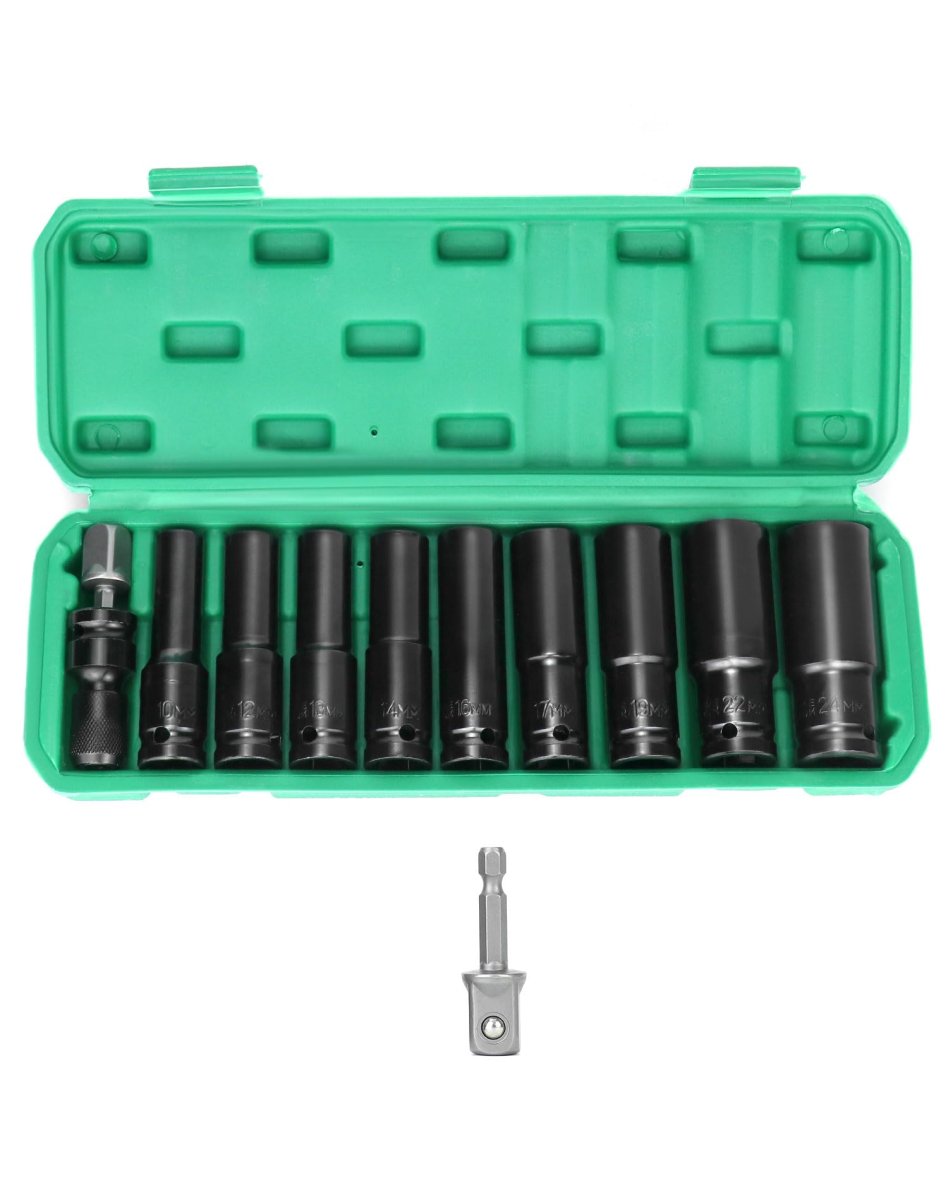 11 Piece 1 2 In Deep Impact Socket Set With Adapter Long Sockets 10 To 24mm Cr-v Steel Wd40565