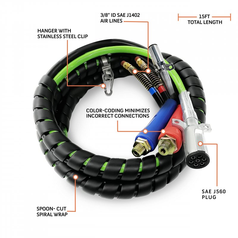 Torque 15ft 3 In 1 Abs Air Power Line Hose Wrap 7 Way Electrical Cable With Handle Grip 25 Tender Spring For Semi Truck Trailer