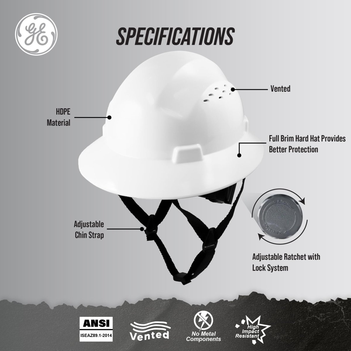 Ge Hard Hat Full Brim Padded 4-point Ratchet Suspension Ansi Z89 1-2014 Safety Hats For Men Impact Resistant Durable
