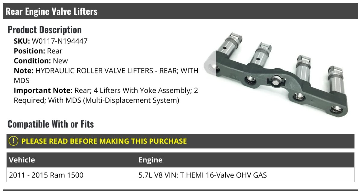 Rear Engine Roller Valve Lifters For 2011-2015 Ram 1500 5 7l V8 Vin T Hemi 16-valve Ohv Gas With Mds