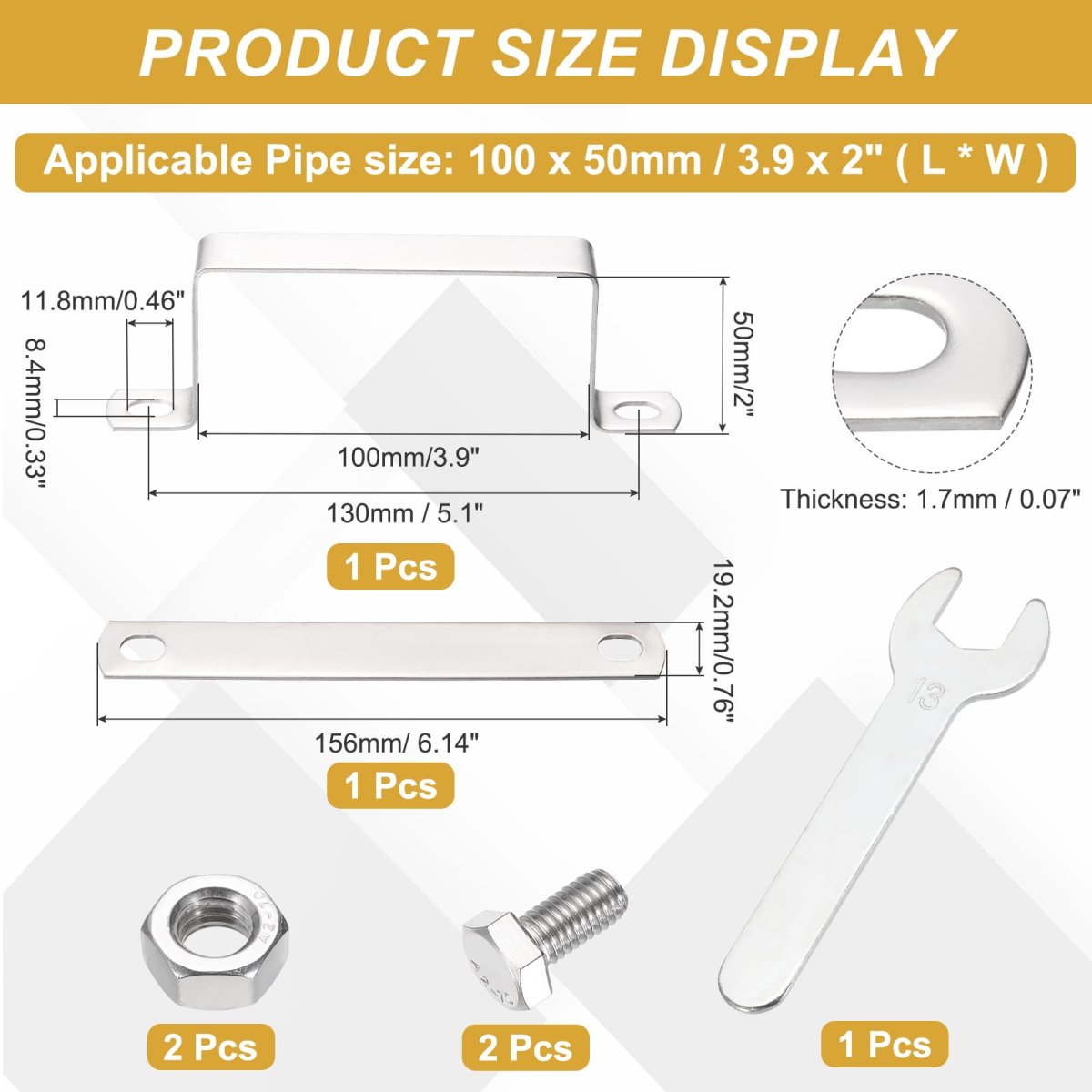 U Shape Square Tube Clamp 100x50mm Shaped Bracket 304 Stainless Steel Strap With Bolt Plate Nuts And Wrench For Pipes Door