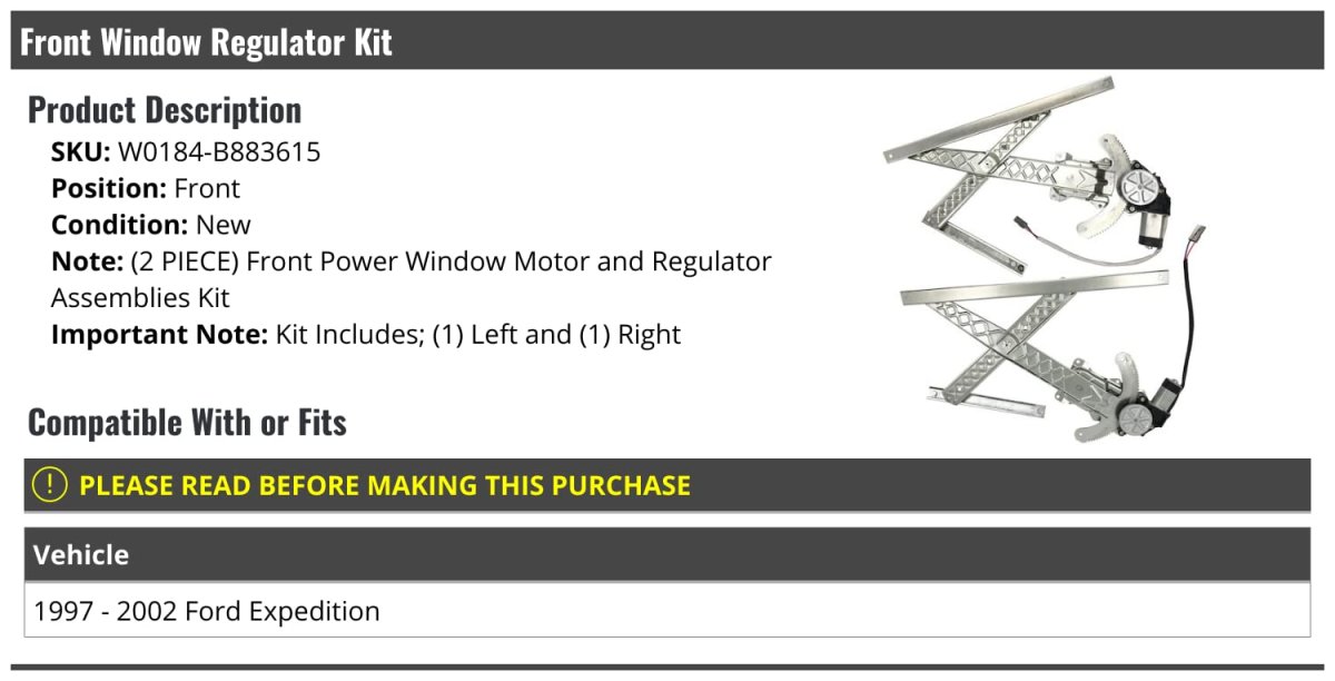 Front Window Regulator And Motor Assembly Kit 2 Piece For 1997-2002 Ford Expedition
