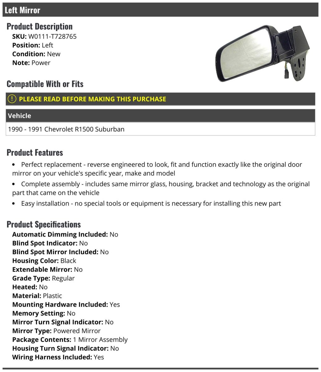 Left Driver Side Power Mirror Black For 1990-1991 Chevy R1500 Suburban