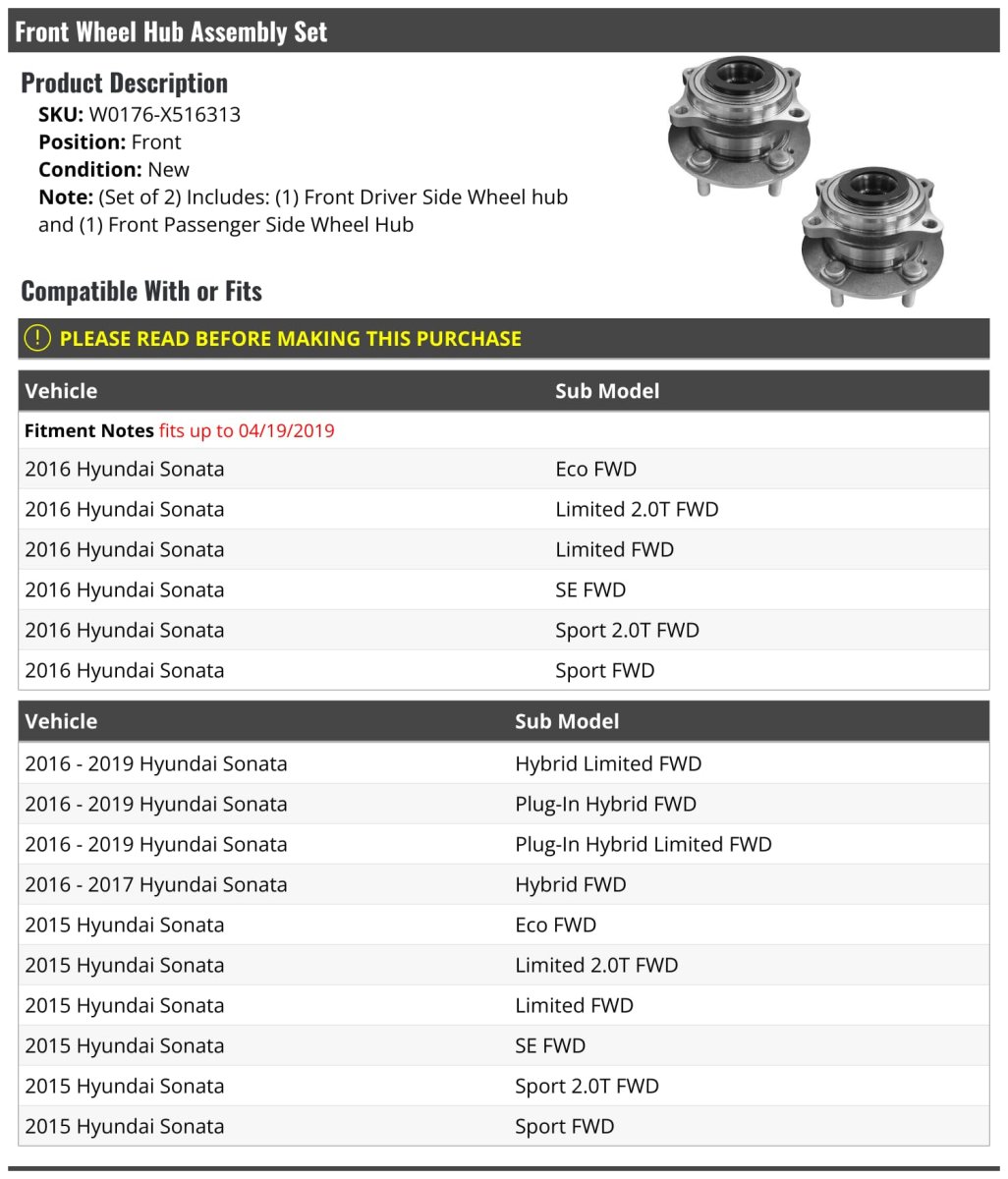 Front Wheel Bearing Hub Assembly Set Of 2 For 2015 To 2019 Hyundai Sonata Fits Up April 19 Vehicle Production