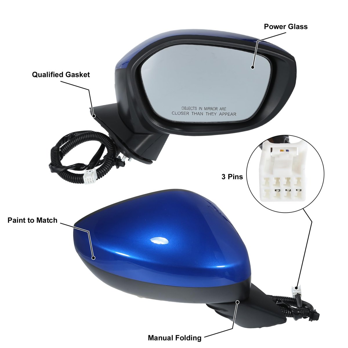 Door Mirror Assembly Right Passenger Side For Honda Civic 2022-2023 Power Glass Non-heated Manual Folding 3 Pins Blue Paint To