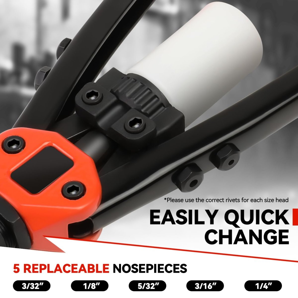 Universal Hand Riveter Tool Set With Collection Bottle And 5 Replaceable Nosepieces Red Black Alloy Steel Riveting Kit