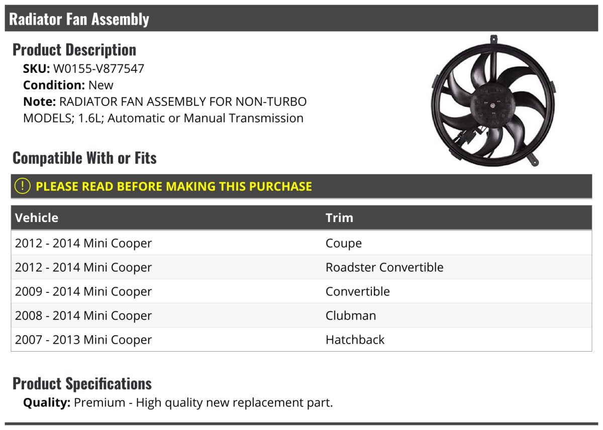 Radiator Fan Assembly For 2007-2014 Mini Cooper Automatic Or Manual Transmission