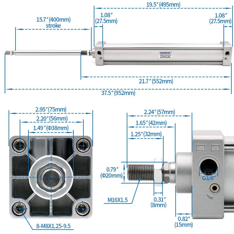 Baomain Pneumatic Air Cylinder Sc 63 X 400 Pt 3 8 Bore 2-1 2 Inch Stroke 16 Screwed Piston Rod Dual Action