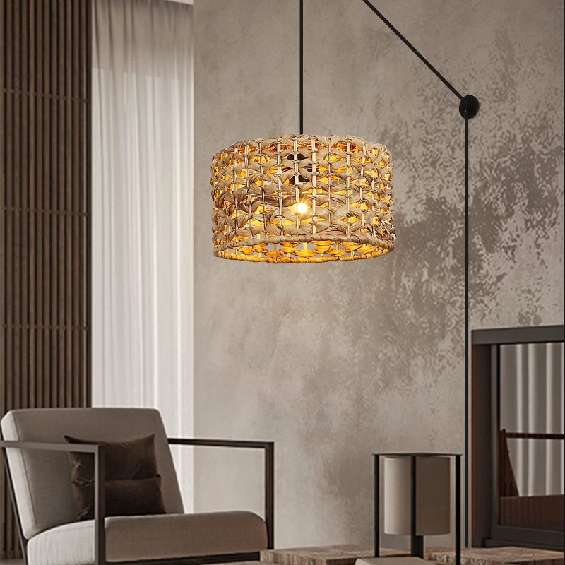 Farmhouse Plug In Pendant Light Fixture Rustic Ceiling Hanging Lamp With Cord Adjustable Woven Rattan Wicker Water Lettuce
