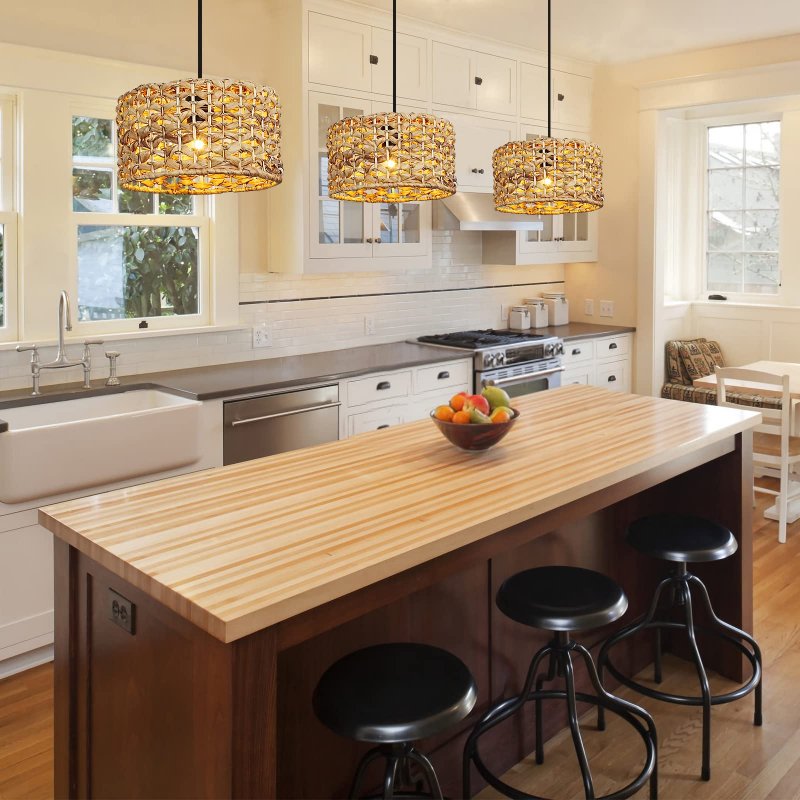 Farmhouse Plug In Pendant Light Fixture Rustic Ceiling Hanging Lamp With Cord Adjustable Woven Rattan Wicker Water Lettuce
