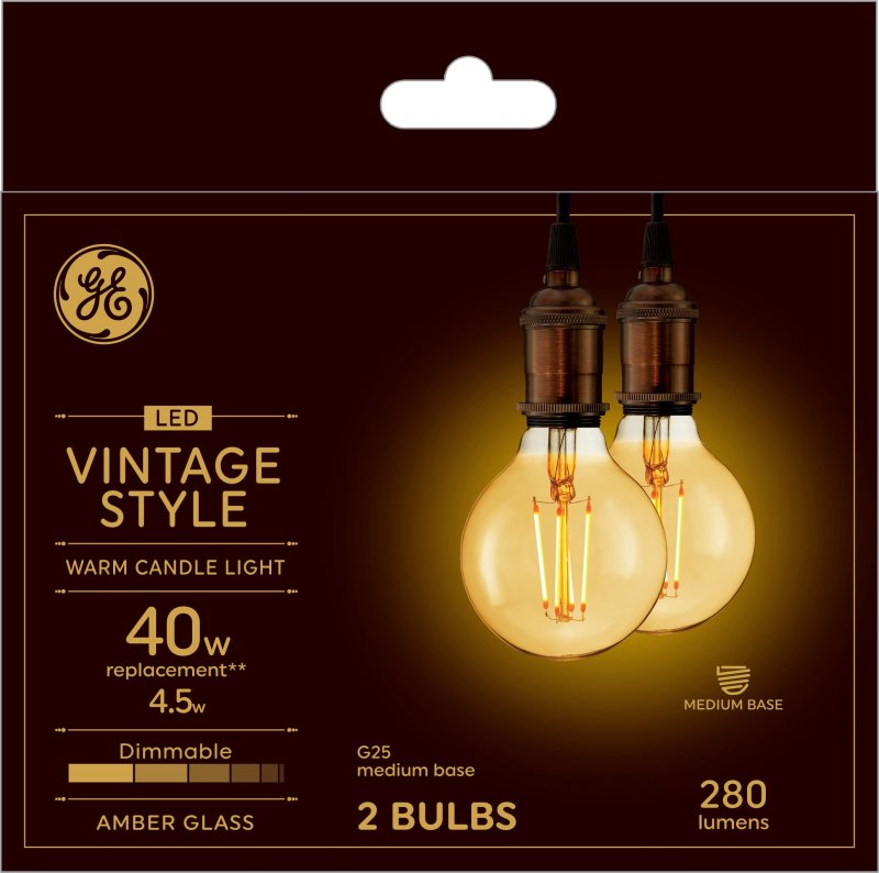 Ge Lighting Vintage Style Led Globe Bulb 4 5 Watt 40 Equivalent Warm Candle Light Amber Glass Medium Base Dimmable 2 Pack