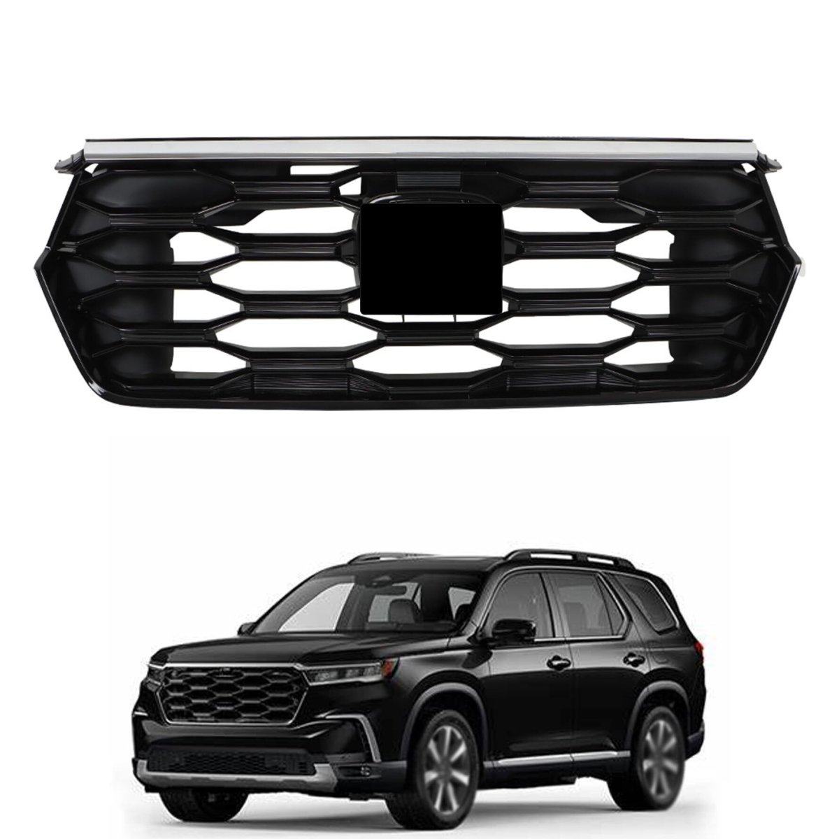 Front Bumper Upper Grille Assembly Glossy Black Grill Replacement For 2023 2024 Pilot Plastic Center Suv