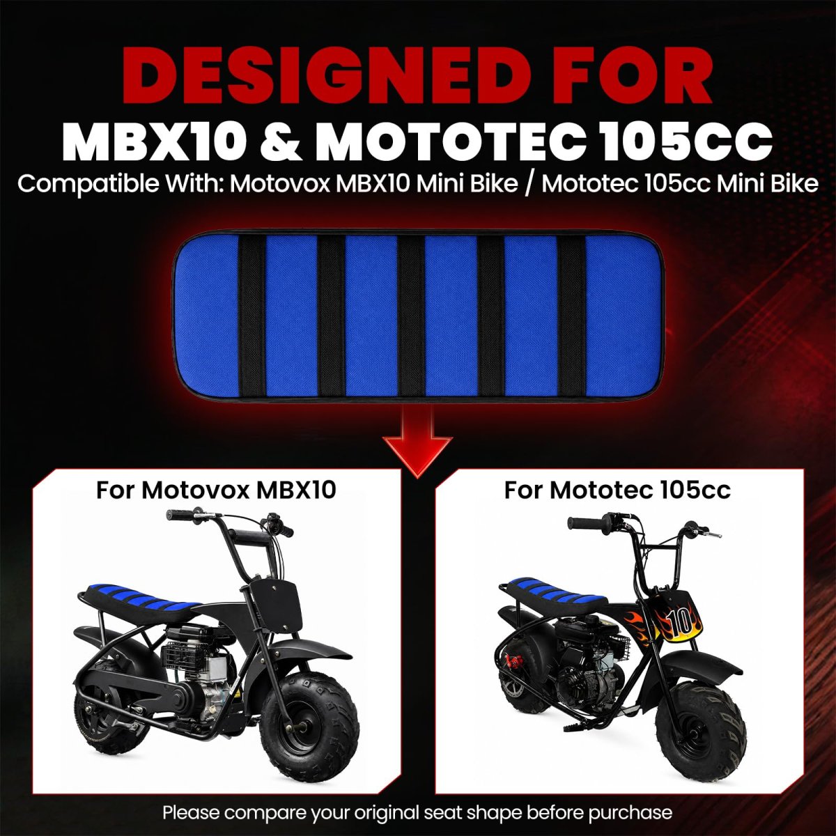 Blue Ribbed Mini Bike Seat Cover For Motovox Mbx10 Mototec 105cc And Italika Vrex 80cc Gripper Soft Cushion Replacement With