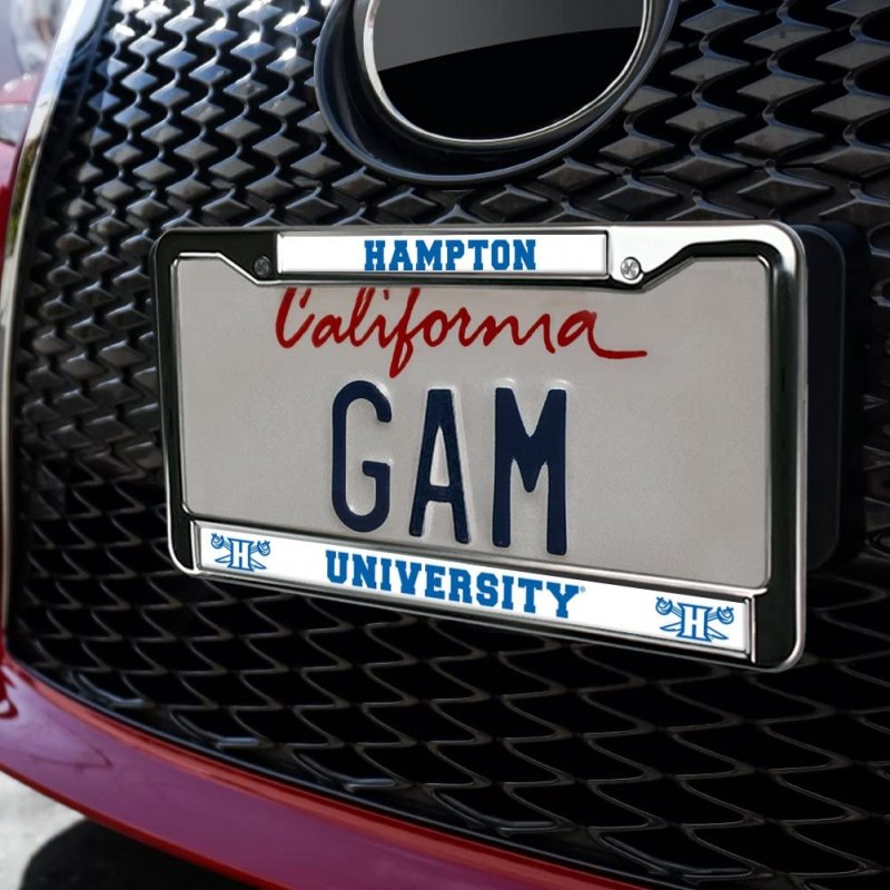 Hampton University School Logo License Plate Metal Frame Full Size Standard 12 3 In X 6 Uv And Water Resistant Stainless Steel