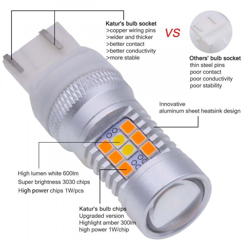 Katur 7443 7444na 7441 992 Extremely Bright Amber White Dual Color Switchback Turn Signal Led Light Bulbs Lens Brake With