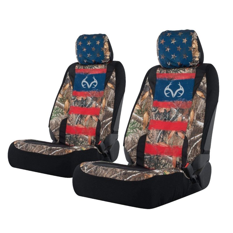 Realtree Camo Americana Flag 3pc Water Resistant Seat Cover Set For Trucks Cars And Suvs 2 Low Backs 1 Steering Wheel Cover