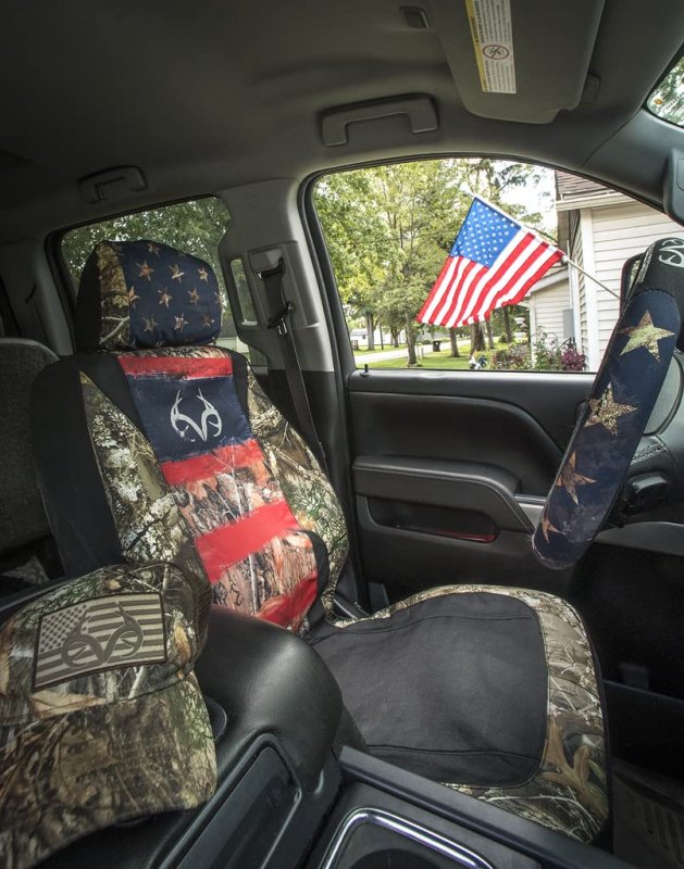 Realtree Camo Americana Flag 3pc Water Resistant Seat Cover Set For Trucks Cars And Suvs 2 Low Backs 1 Steering Wheel Cover
