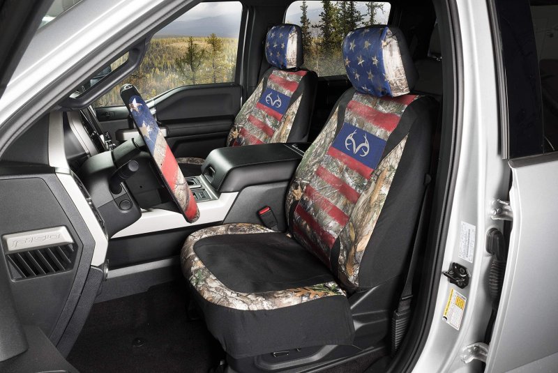Realtree Camo Americana Flag 3pc Water Resistant Seat Cover Set For Trucks Cars And Suvs 2 Low Backs 1 Steering Wheel Cover