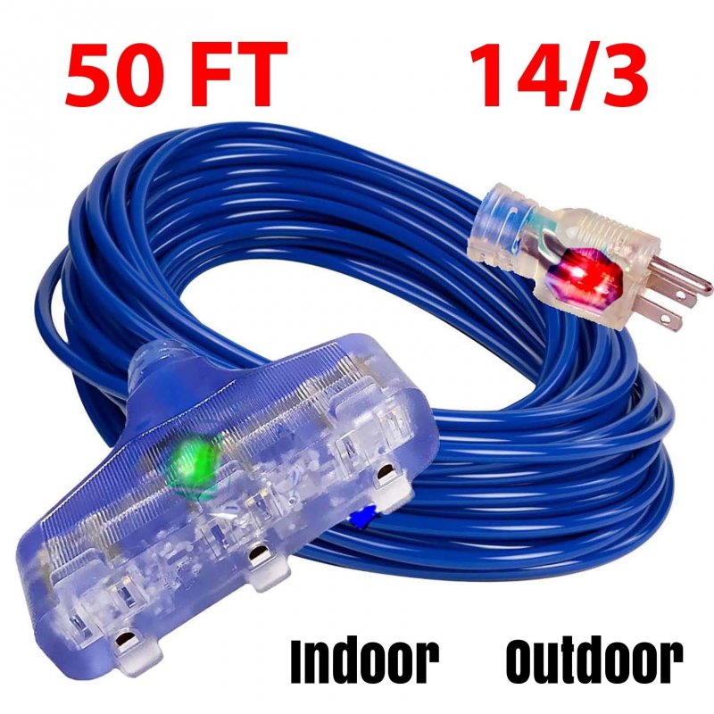 Pizety 14 Gauge Extension Cord 50 Feet 15 Amp Ft 3 125v 1875 Watts Heavy Duty Indoor Outdoor Grounded Powerft Triple Outlet Awg