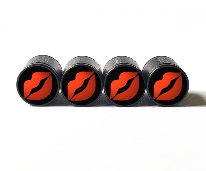 Red Hot Lips Emoji Tire Valve Caps Black Aluminum Set Of Four