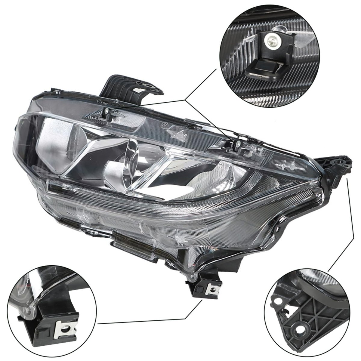 1pc Replacement For Honda Civic 2016-2020 Left Side Headlight Headlamp Assembly Halogen With Drl Chrome Housing Ho2503173