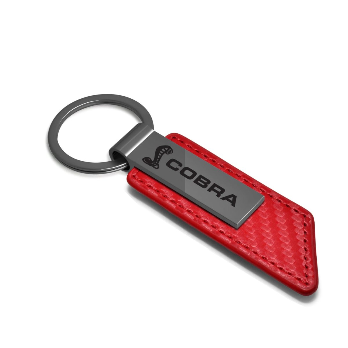 Ford Mustang Cobra Red Pu Leather Carbon Fiber Texture Strap Keychain Gunmetal Gray Metal Bar Official Licensed 3 75 In X 1