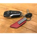 Ford Mustang Cobra Red Pu Leather Carbon Fiber Texture Strap Keychain Gunmetal Gray Metal Bar Official Licensed 3 75 In X 1