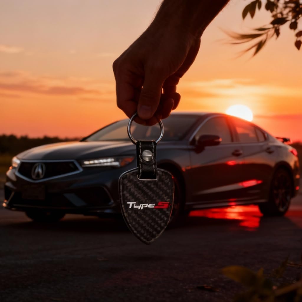 Acura Type-s Real Black Carbon Fiber Large Shield Style Key Chain Official Licensed Genuine Leather Strap 2 25 In X 1 75