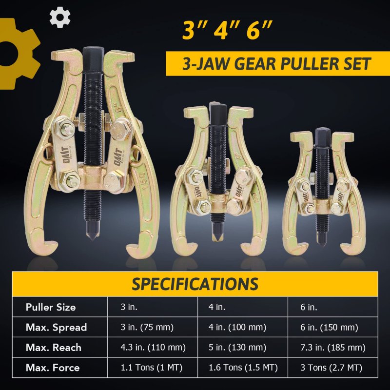 3pc Bearing And Gear Puller Set With Reversible Jaws 3in 4in 6in Pulley Removal Tool Kit For Flywheel Sprocket Gold S003gd